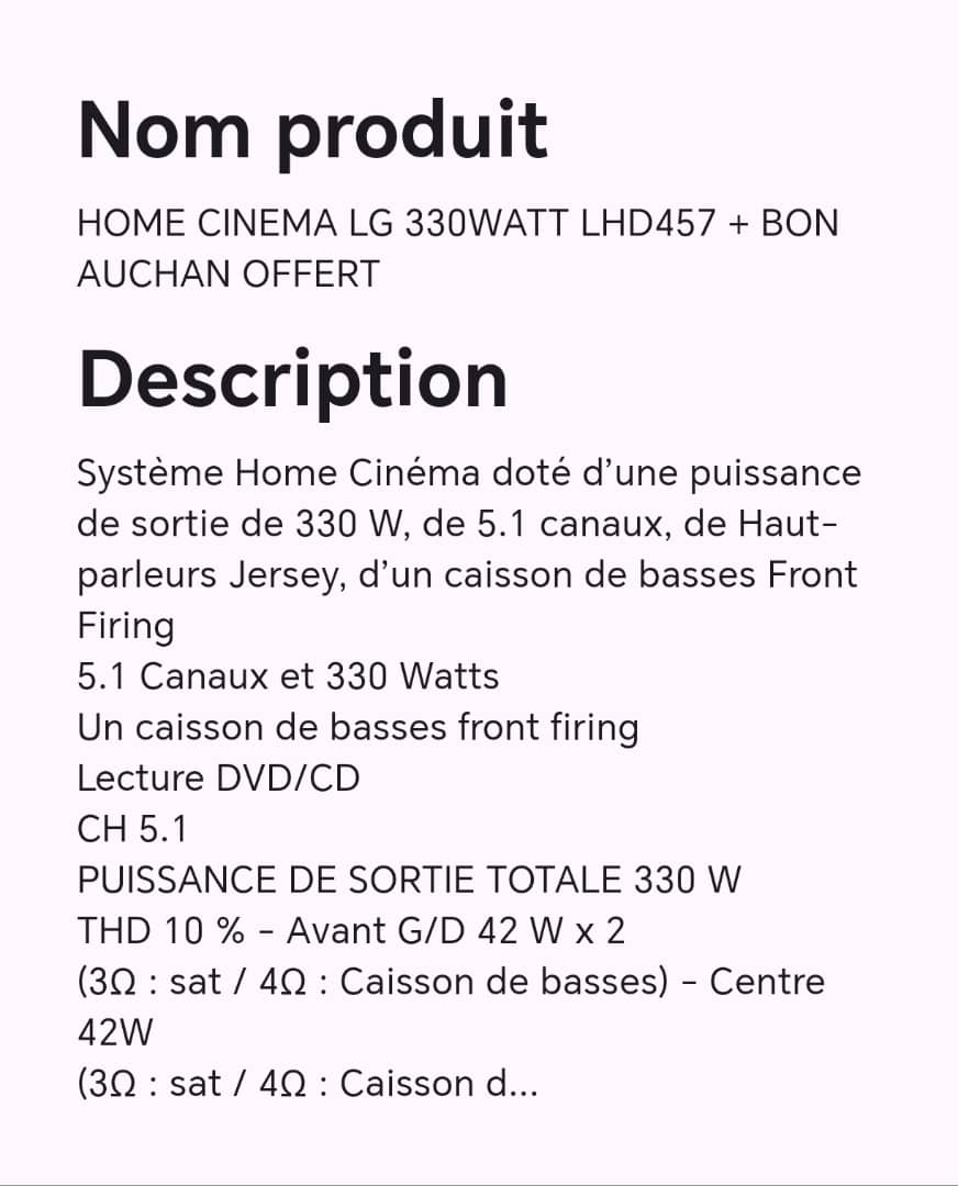 Home cinéma LG 330WATT LHD457 + bon Auchan offert