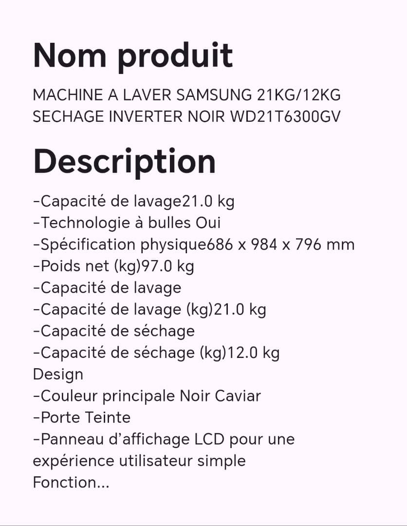Machine à laver SAMSUNG 21KG/12KG séchage inverter noir WD21T6300GV