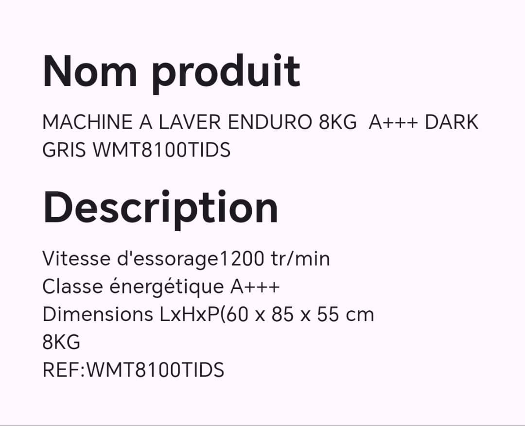 Machine à laver ENDURO 8KG A+++ DARK gris WMT8100TIDS