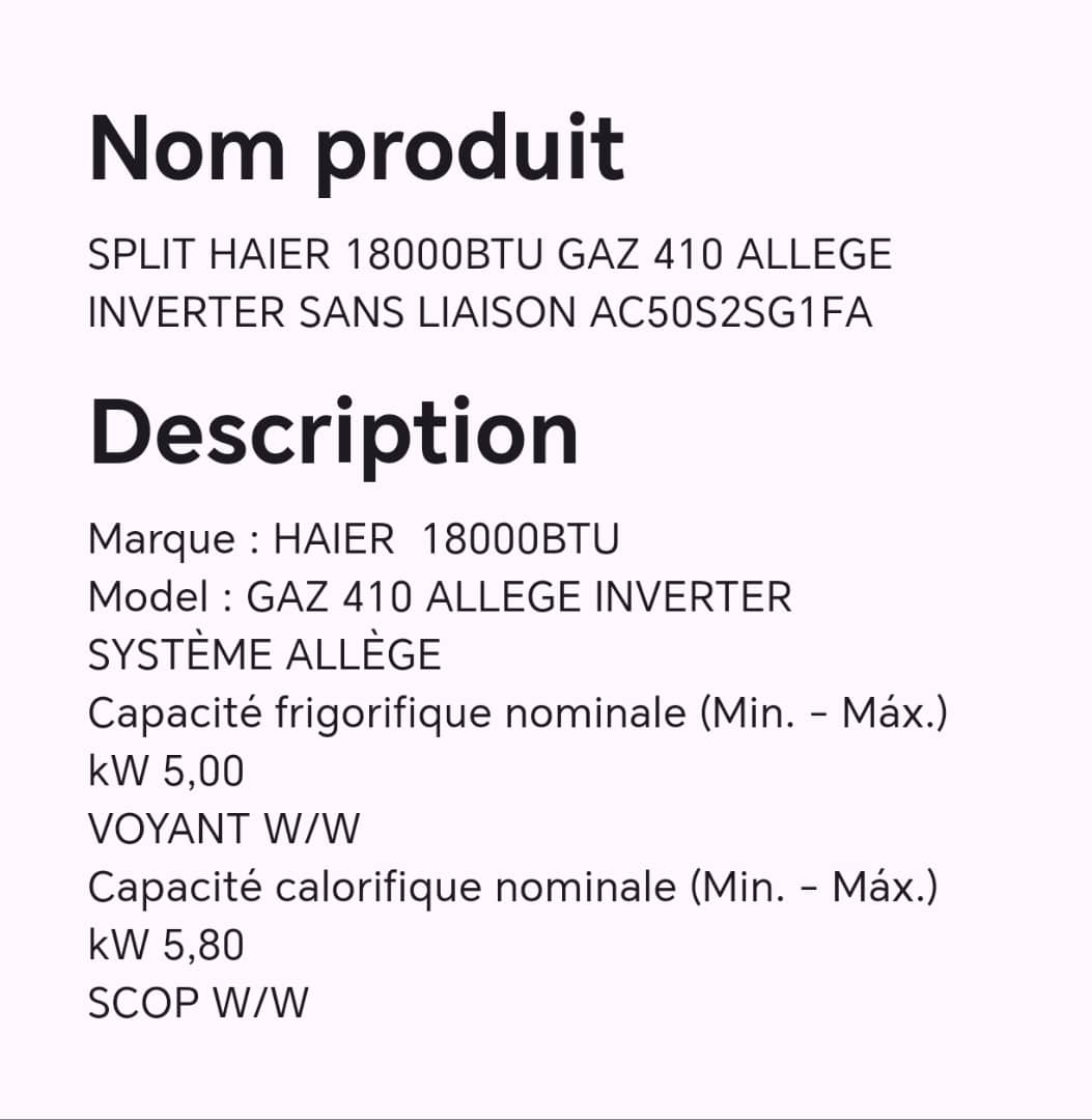 SLIPT HAIER 18000BTU GAZ 410 ALLEGE INVERTER SANS LIAISON AC50S2SG1FA