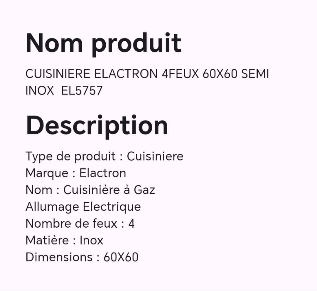 Cuisinière ELACTRON 4feux 60X60 semi inox EL5757