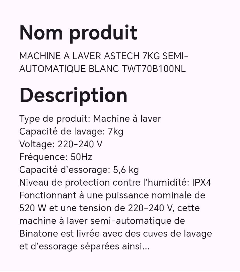 Machine à laver ASTECH 7KG semi-automatique blanc TWT70B100NL