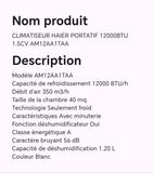Climatiseur HAIER Portatif 12000BTU 1.5CV AM12AA1TAA