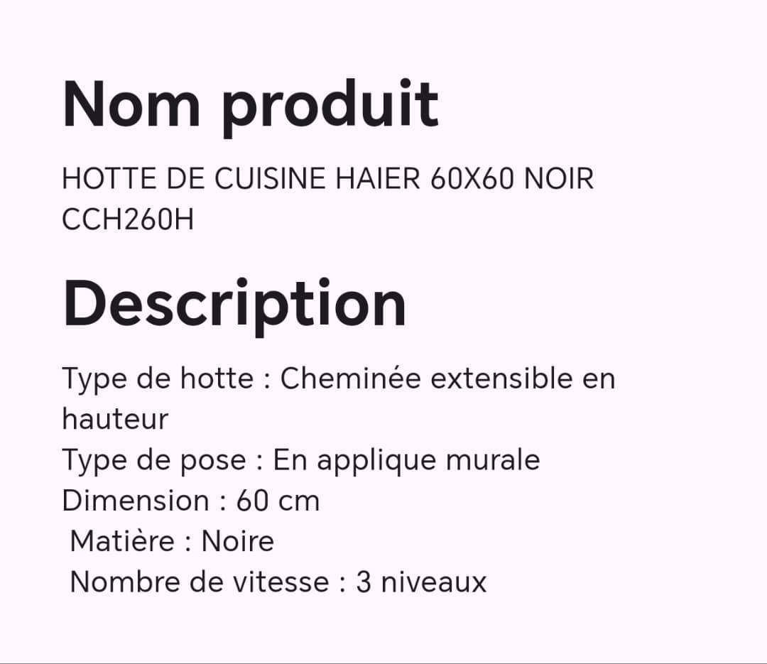 Hotte de cuisine HAIER 60X60 noir CCH260H