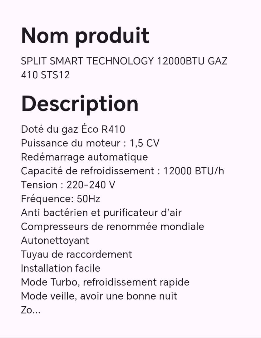 Split SMART technology 12000BTU gaz 410 STS12