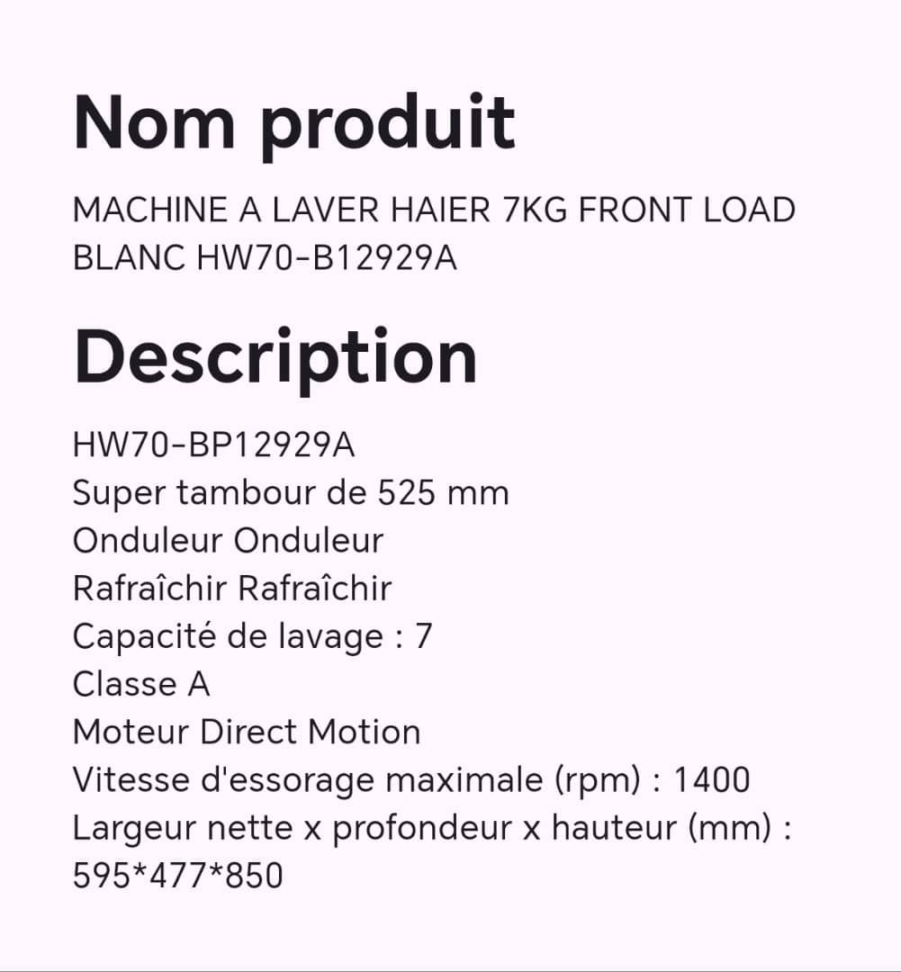 Machine à laver Haier 7kg front load blanc HW70-B12929A