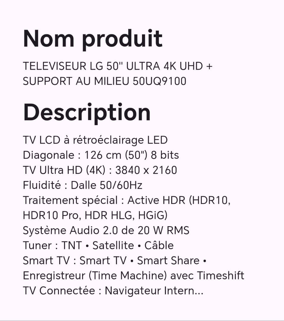 Téléviseur LG 50" ULTRA 4K UHD + support au milieu 50UQ9100