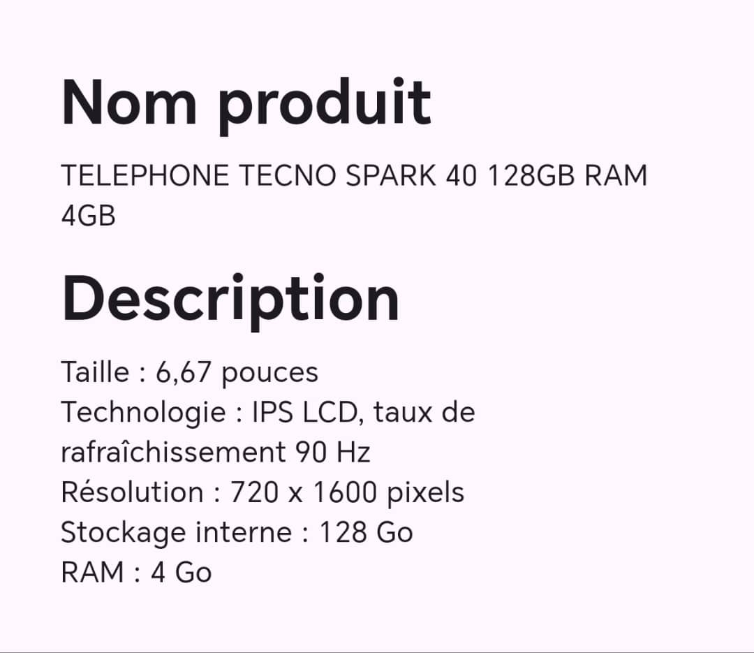 Téléphone TECNO SPARK 40 18GB RAM 4GB