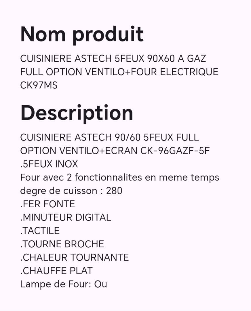 Cuisinière ASTECH 5feux 90X60  à gaz full option ventilo + four électrique CK97MS