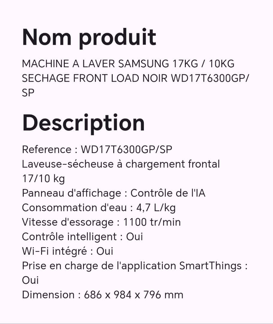 Machine à laver SAMSUNG 17KG/10KG séchage front load noir WD17T6300GP/SP