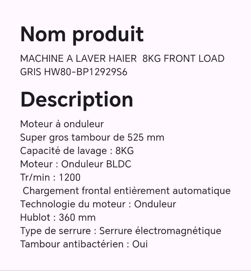 Machine à laver Haier 8kg front load gris HW80-B12929S6