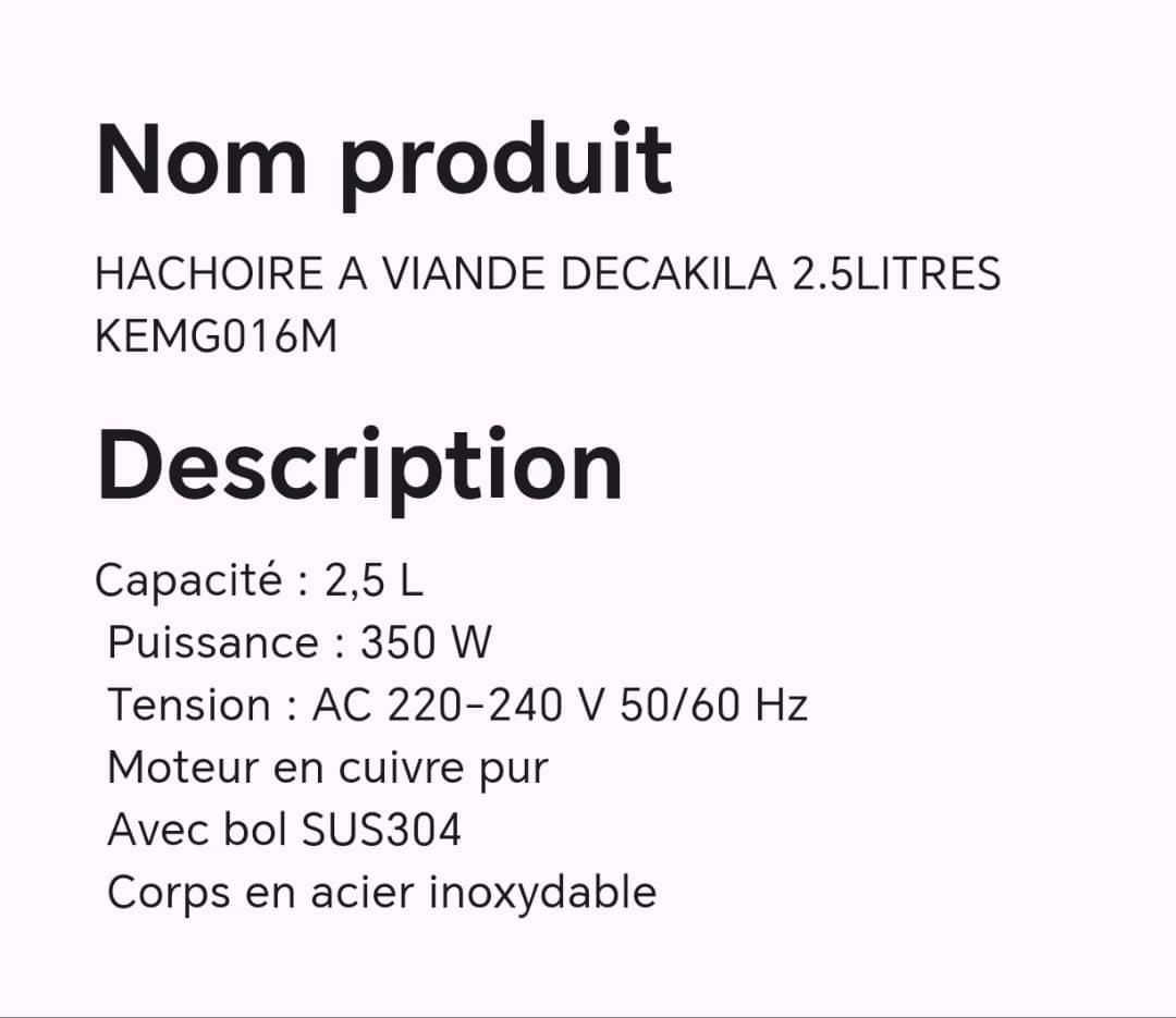 Hachoir à viande DECAKILA 2.5 litres KEMG016M