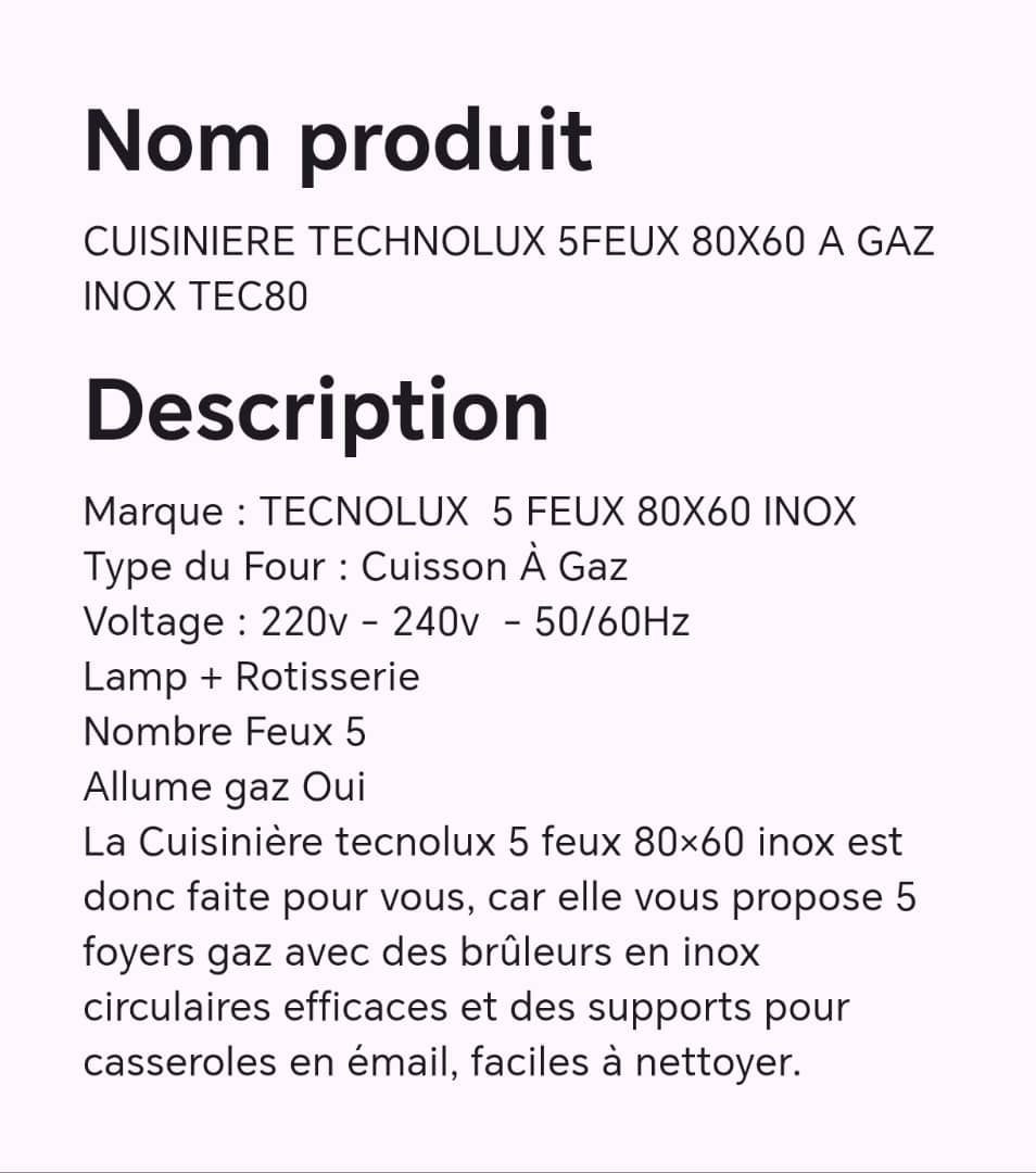 Cuisinière TECHNOLUX 5feux 80X60 à gaz inox TEC80