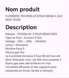 Cuisinière TECHNOLUX 5feux 80X60 à gaz inox TEC80