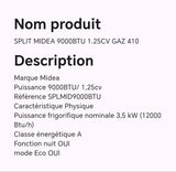 SPLIT MIDEA 9000BTU 1.25CV GAZ 410