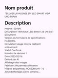 TELEVISEUR HISENSE 50" LED SMART VIDA UHD 50A6N