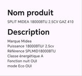 SPLIT MIDEA 18000BTU 2.5CV GAZ 410