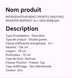 Réfrigérateur BEKO 2portes 590litres INVERTER NOFROST A++ gris RDNE66H
