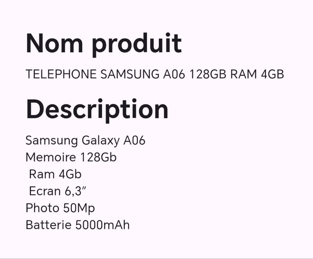 Téléphone SAMSUNG A06 128GB RAM 4GB
