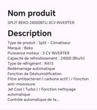 SPLIT BEKO 24000BTU 3CV INVERTER