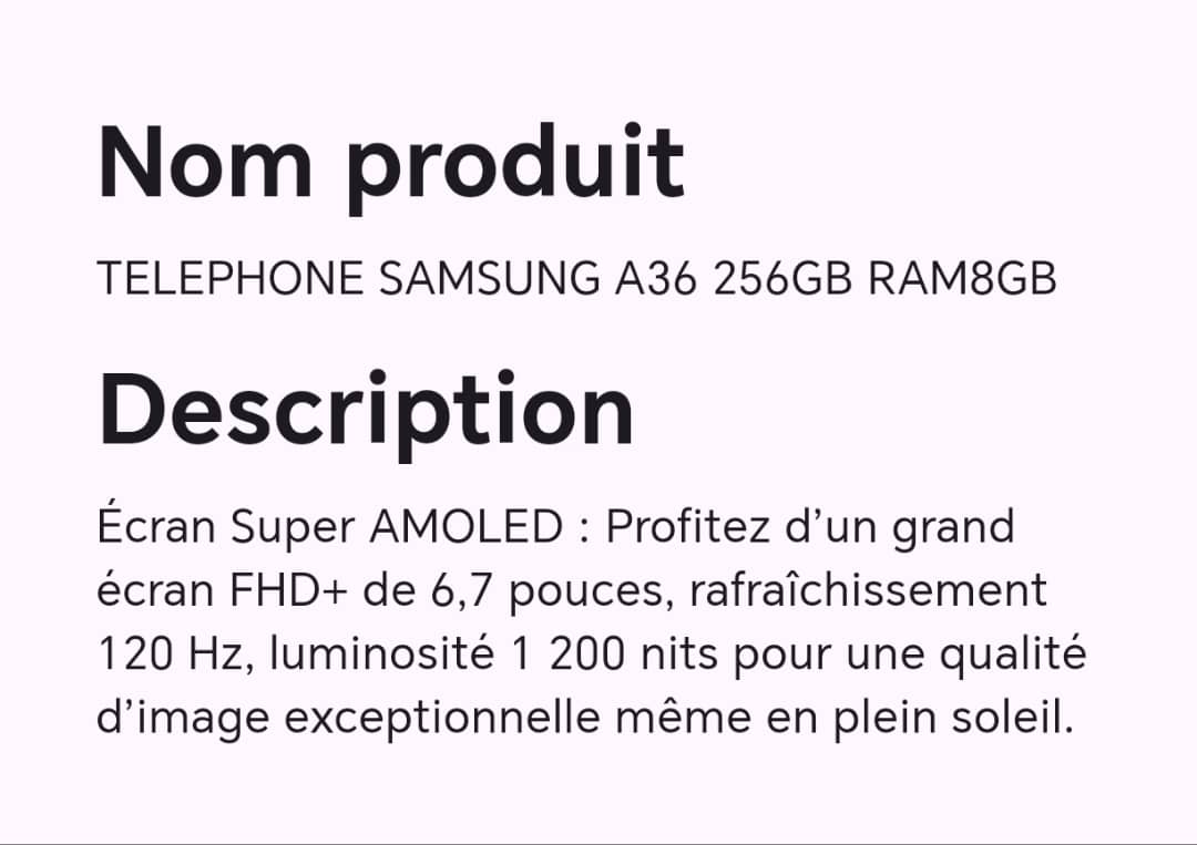 Téléphone SAMSUNG A36 256GB RAM8GB