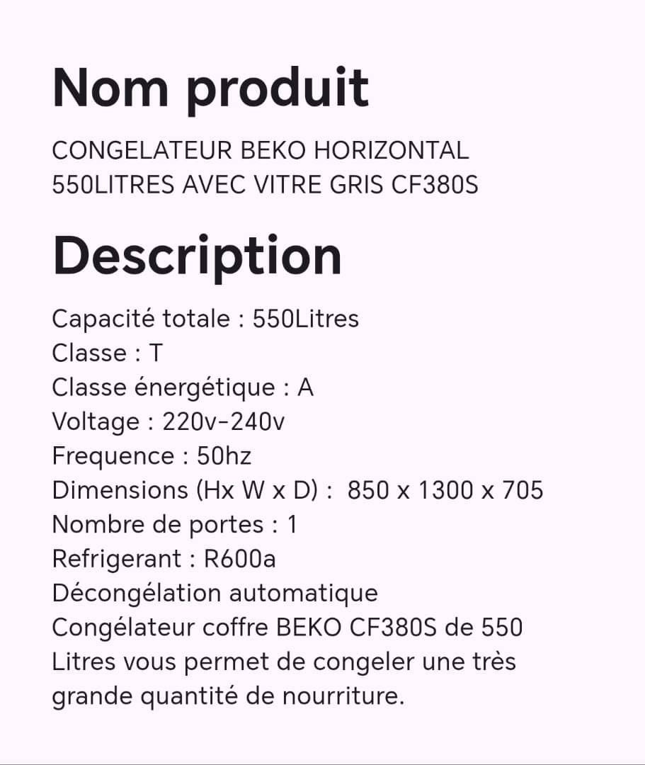 CONGELATEUR BEKO HORIZONTAL 550LITRES AVEC VITRE GRIS CF380S