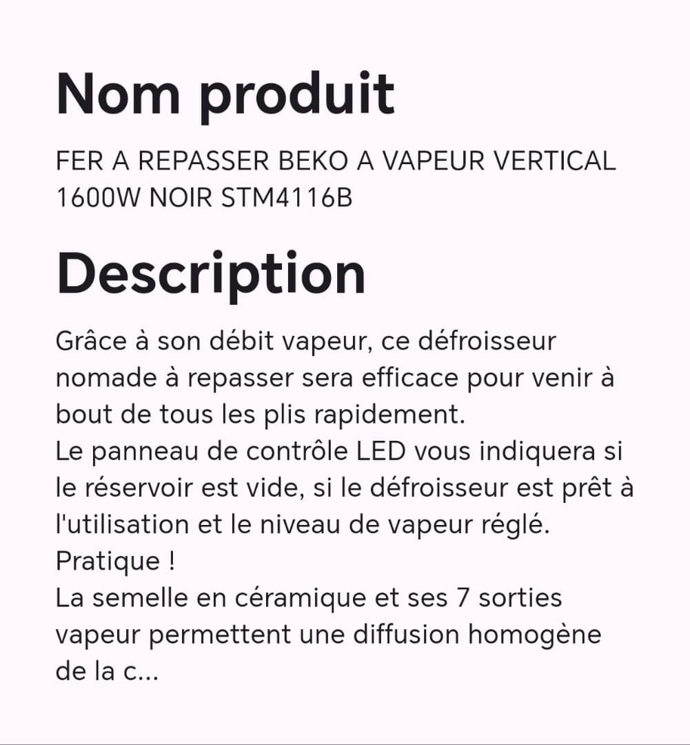 Fer à repasser BEKO à vapeur vertical 1600W noir STM4116B