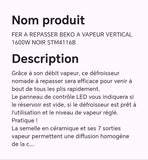 Fer à repasser BEKO à vapeur vertical 1600W noir STM4116B