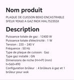Plaque de cuisson BEKO encastrable 5feux 90X60 à gaz inox HIAL75235SX