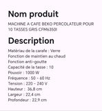 Machine à café BEKO percolateur pour 10 tasses gris CFM6350l