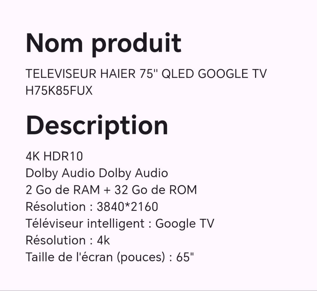 Téléviseur HAIER 75" QLED GOOGLE TV H75K85FUX