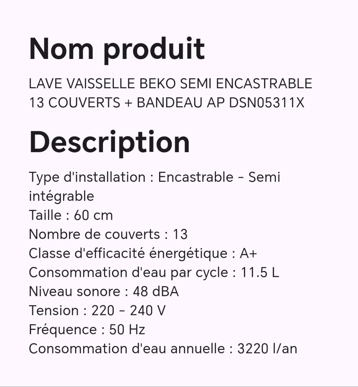 Lave vaisselle BEKO semi encastrable 13 couverts+ bandeau AP DSN05311X