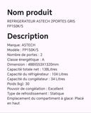 Réfrigérateur ASTECH 2portes gris FP150K/S