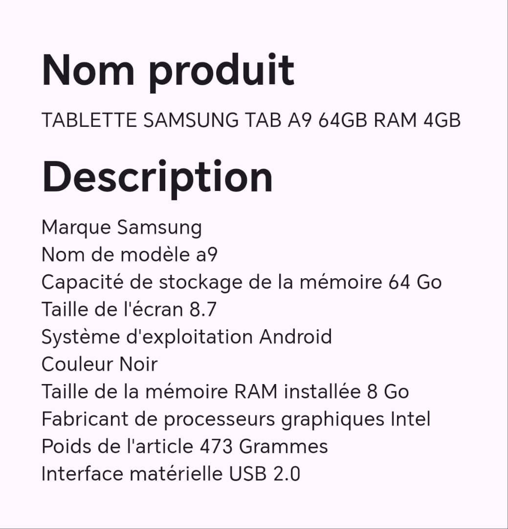 TABLETTE SAMSUNG TAB A9 64GB RAM 4GB