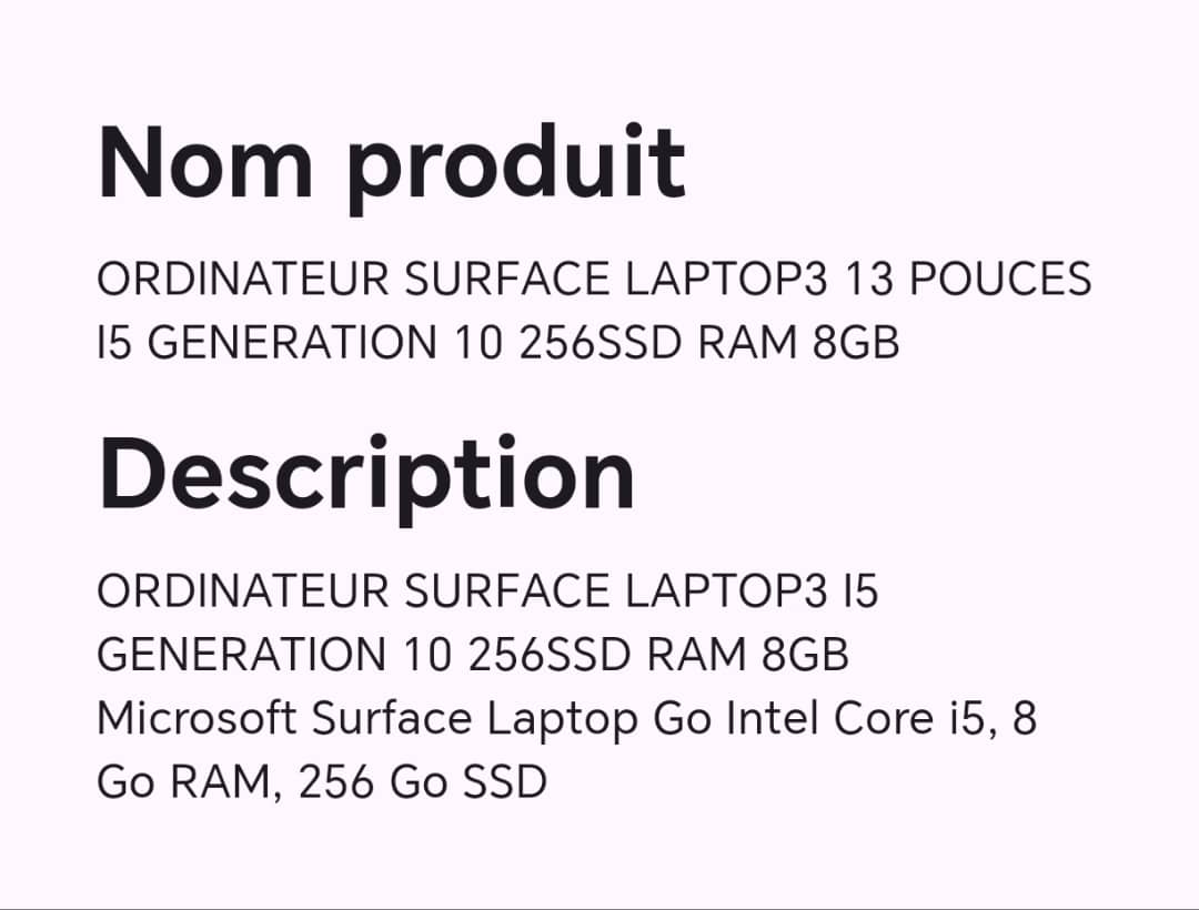 Ordinateur surface LAPTOP3 13 pouces I5 génération 10 256SSD RAM 8GB
