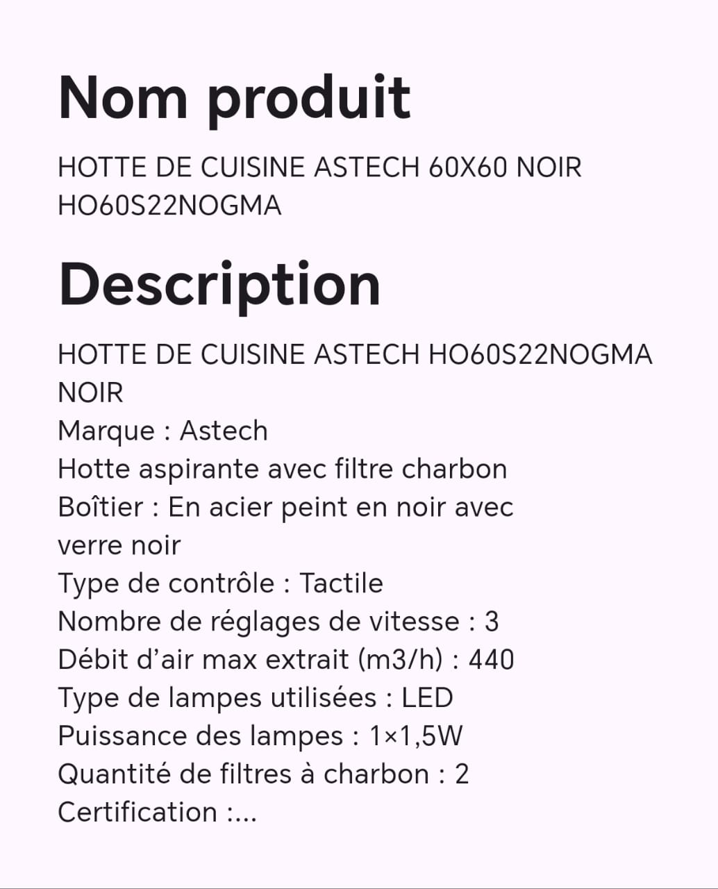 Hotte de cuisine ASTECH 60X60 NOIR HO60S22NOGMA