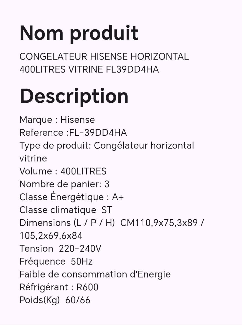 CONGELATEUR HISENSE HORIZONTAL 400LITRES VITRINE FL39DD4HA