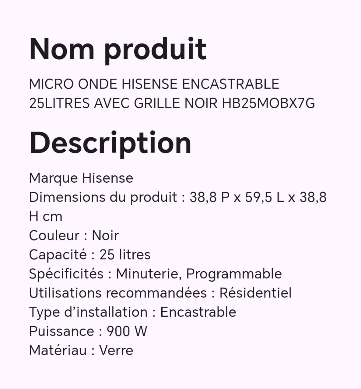 Micro onde HISENSE encastrable 25litreq avec grille noir HB25MOBX7G