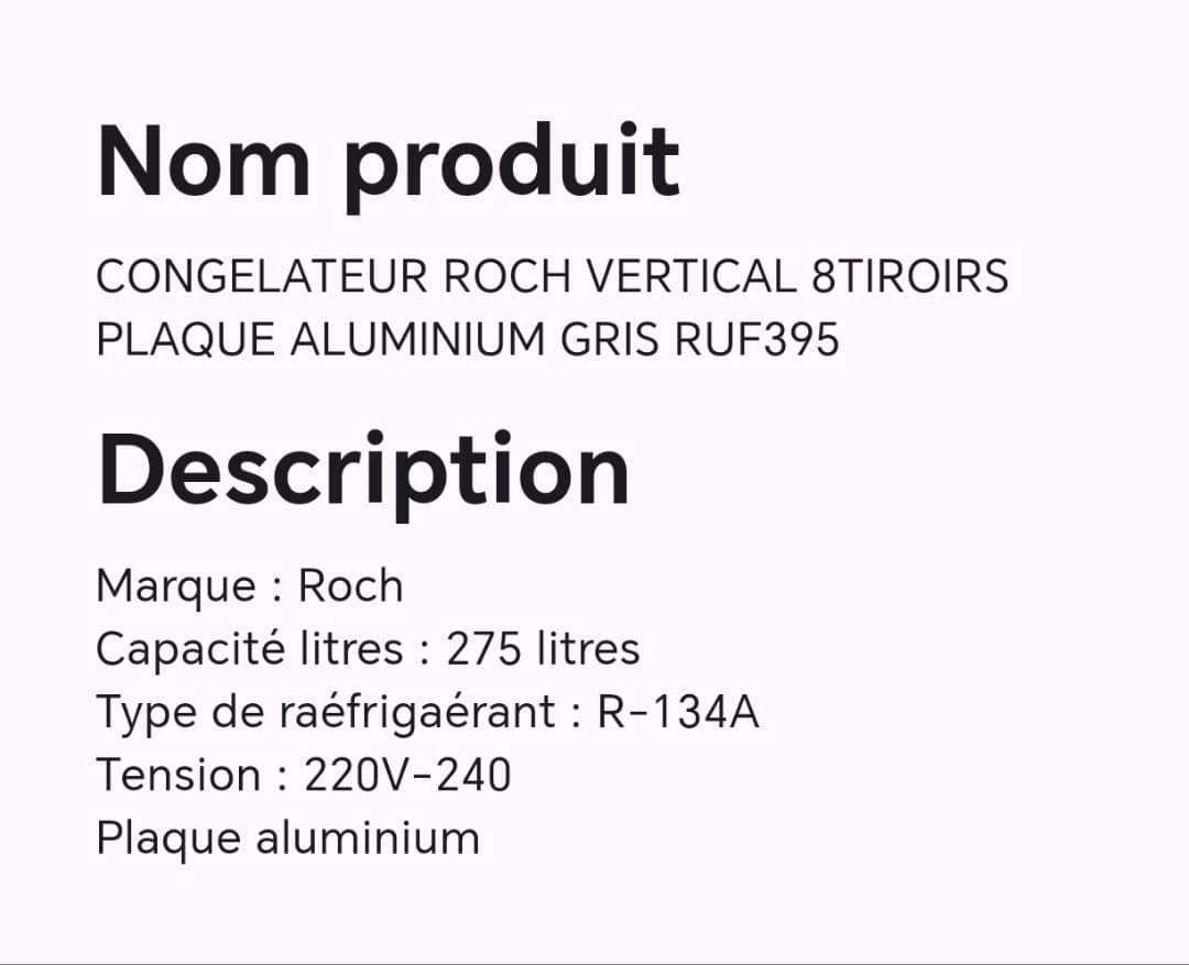Congélateur ROCH vertical 8 tiroirs plaque aluminium  gris RUF395