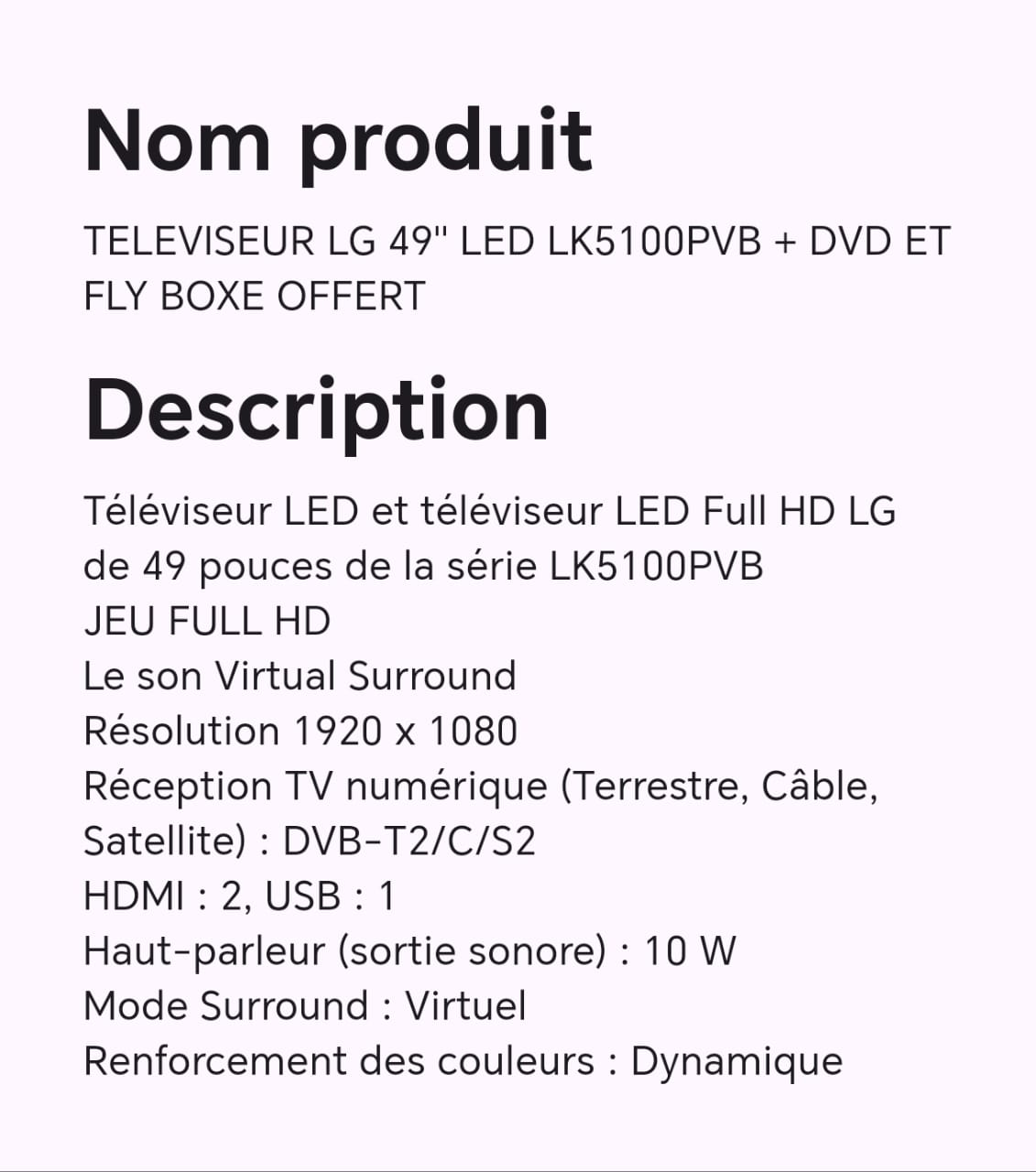 Téléviseur LG 49" LED LK5100PVB+DVD et fly box offert