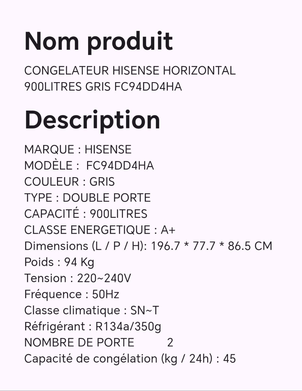 CONGELATEUR HISENSE HORIZONTAL 900LITRES GRIS FC94DD4HA