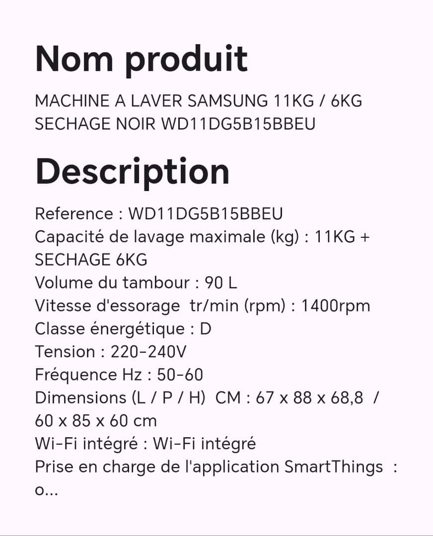 Machine à laver SAMSUNG 11KG/6KG séchage noir WD11DG5B15BBEU