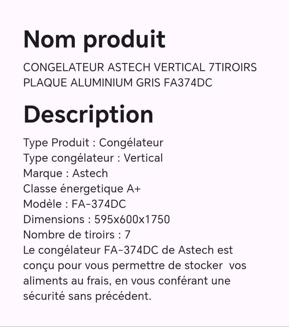 CONGELATEUR ASTECH VERTICAL 7TIROIRS PLAQUE ALUMINIUM GRIS FA374DC