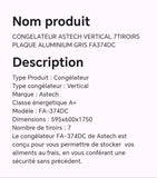 CONGELATEUR ASTECH VERTICAL 7TIROIRS PLAQUE ALUMINIUM GRIS FA374DC