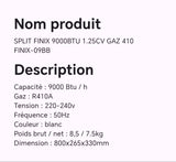 SPLIT FINIX 9000BTU 1.25CV GAZ 410 FINIX-09BB