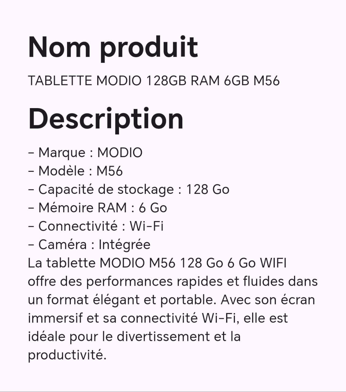 TABLETTE MODIO 128GB RAM 6GB M56