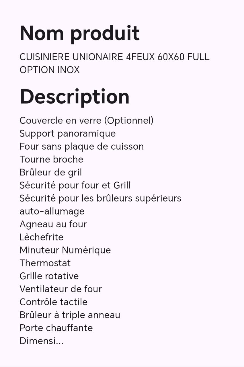 Cuisinière unionaire 4feux 60X60 full option inox