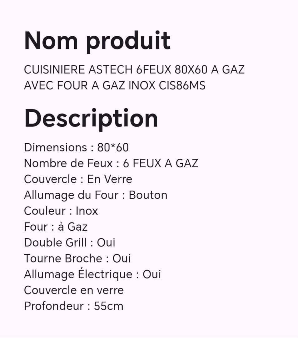 Cuisinière ASTECH 6feux 80X60 à gaz avec four à gaz inox CIS86MS