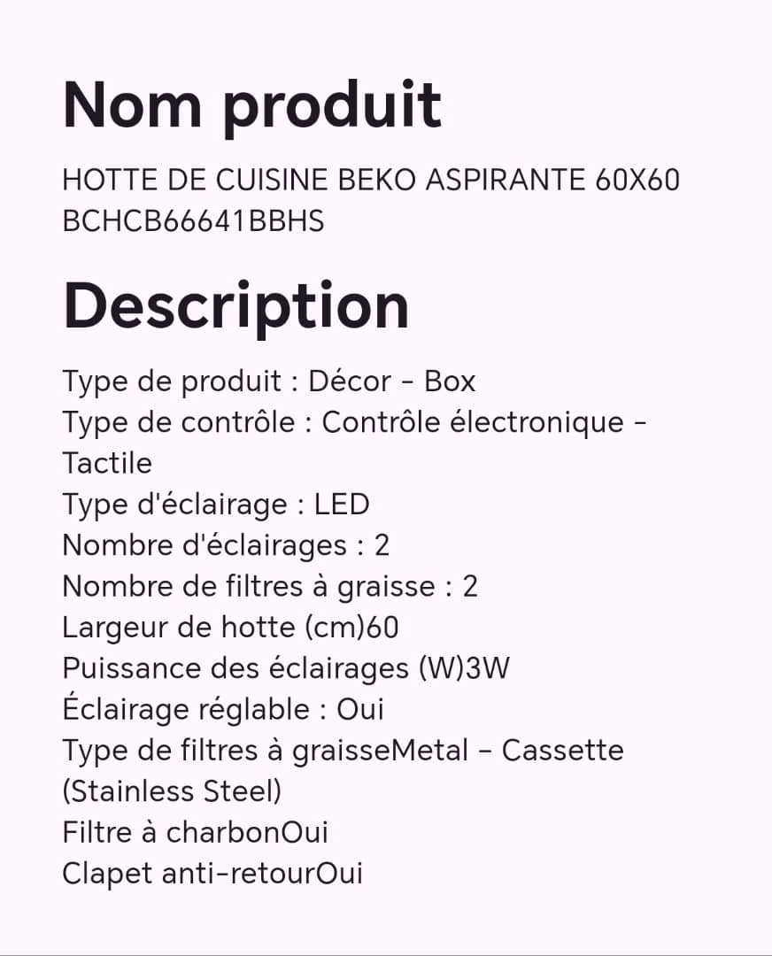 Hotte de cuisine BEKO aspirante 60X60 BCHCB66641BBHS