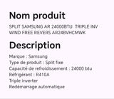 SPLIT SAMSUNG AR 24000BTU TRIPLE INV WIND FREE REVERS AR24BVHCMWK